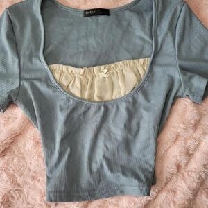 SHEIN Blue and Cream Ribbed Crop Top